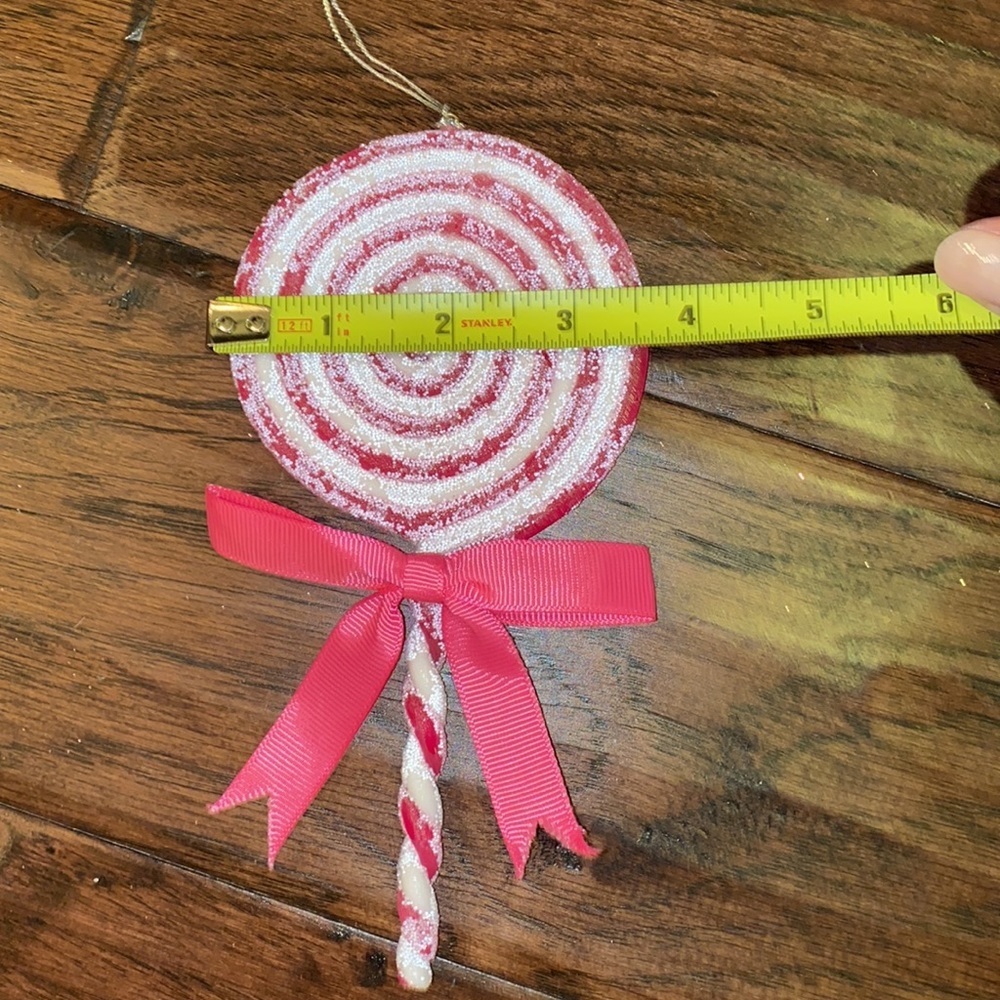 Pink & White swirl lollipop Holiday Christmas Tree ornament glitter & bow 7x3.5” - Picture 5 of 9